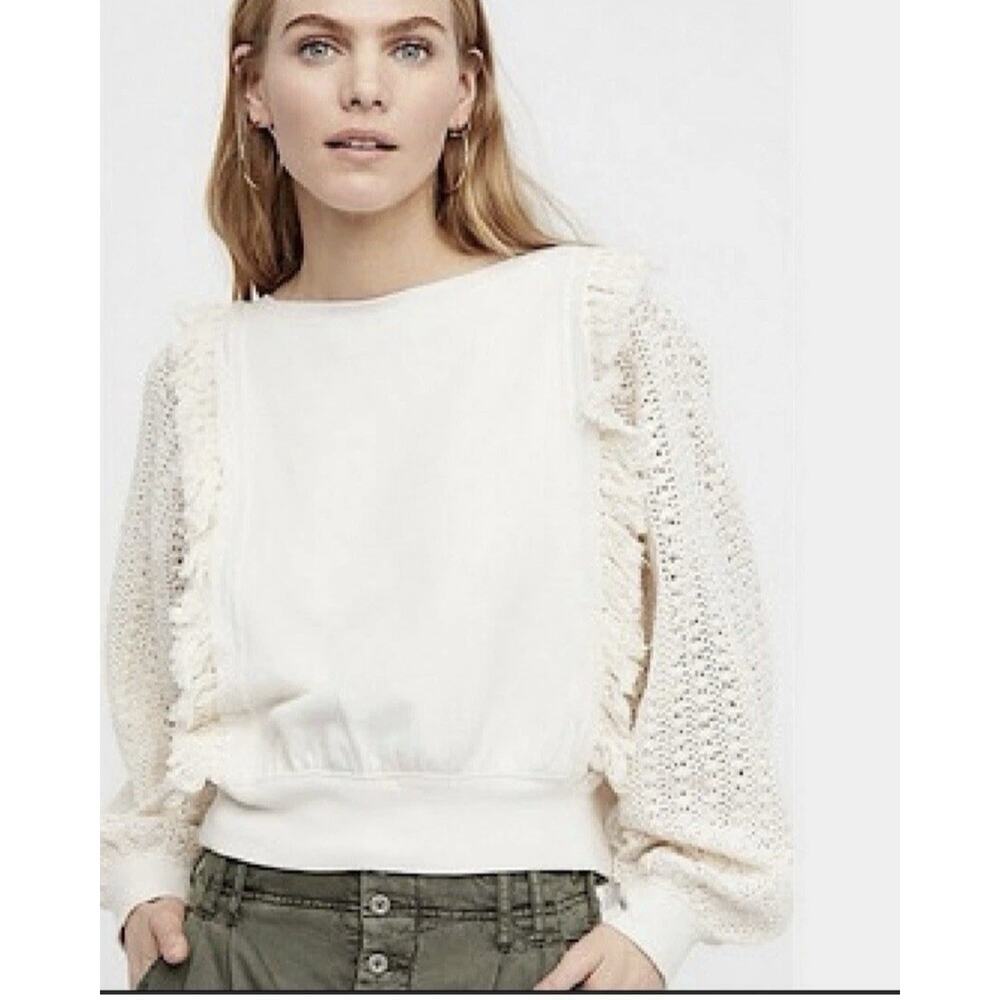 FREE PEOPLE Cream Fringe Sweatshirt Crochet Summer Boho Boxy Beachy Size Small